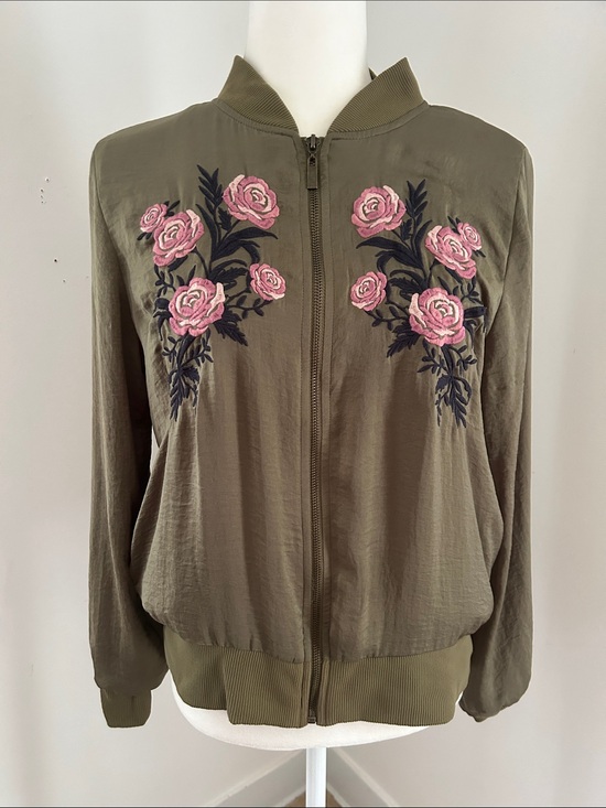 C Jackets & Blazers - C Olive Green Bomber Jacket with Pink Rose Embroidery